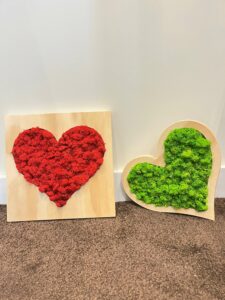 2 quadri vegetali stabilizzati a forma di cuore uno verde e uno rosso